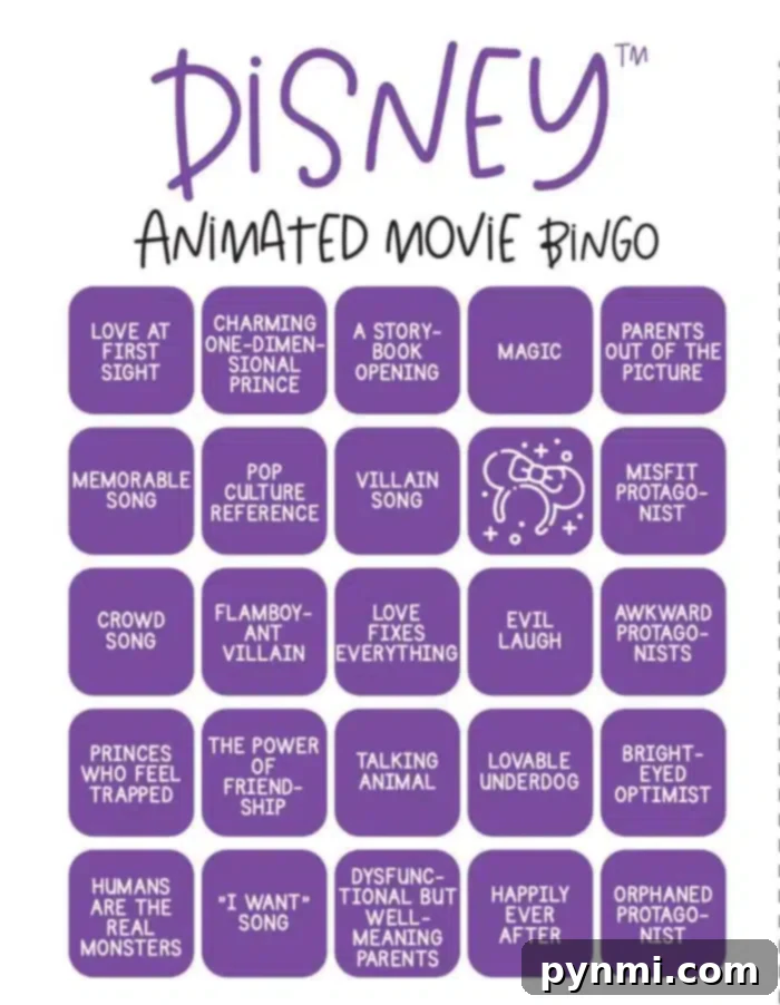 Free Disney Bingo Printables 2 A "Disney Bingo" card with 25 squares, each listing common Disney movie tropes like "Love at First Sight," "Magic," "Villain Song," "Evil Laugh," "Talking Animal," and "Parents Out of the Picture." The center square features a bingo symbol.