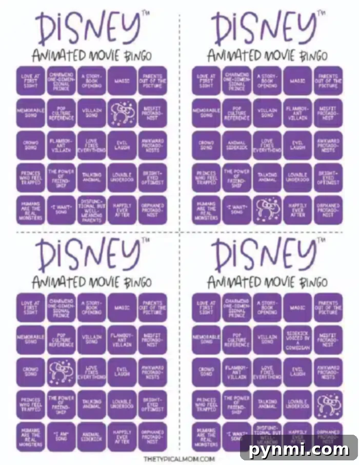 Free Disney Bingo Printables 3 An image showcasing four identical Disney Bingo cards, each featuring a 5x5 grid with various movie-related phrases such as "Love at first sight," "Talking animal sidekick," and "Villain has powers." The cards boast a purple background.