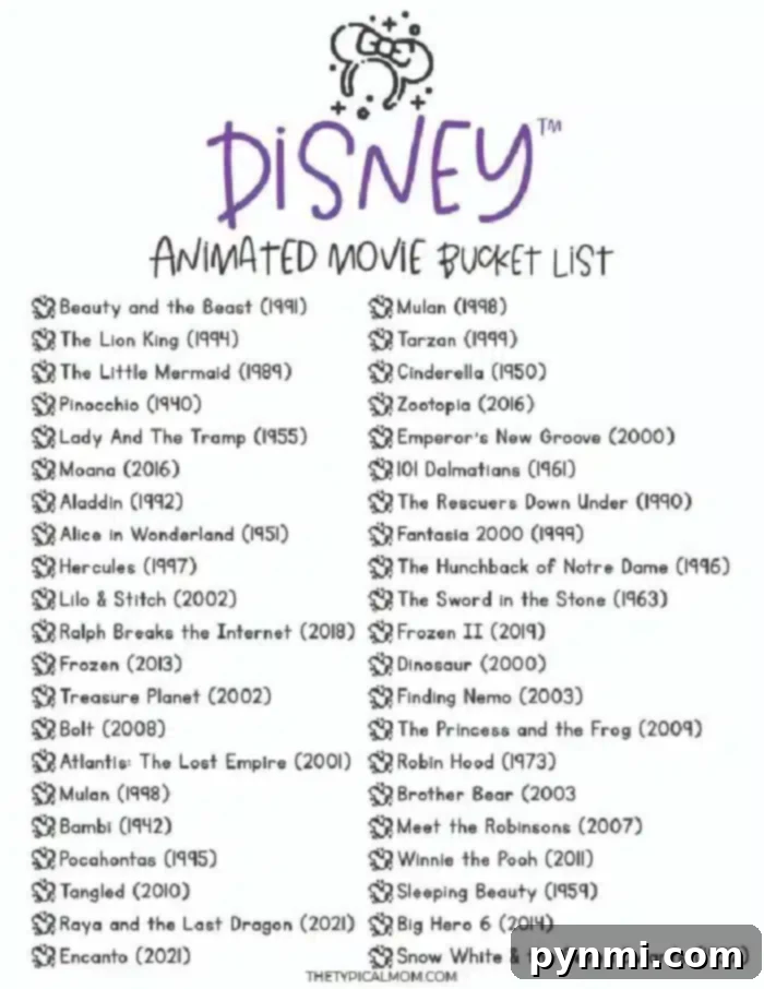 Free Disney Bingo Printables 4 A list titled "Disney Animated Movie Bucket List" with 54 classics, ranging from "Beauty and the Beast (1991)" to "Encanto (2021)". This Disney Bingo includes gems like "The Lion King (1994)", "Frozen (2013)", and the timeless "Snow White & the Seven Dwarfs (1937)".