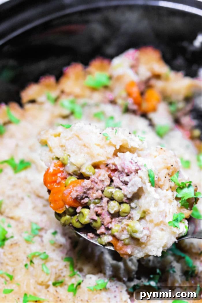 Slow Cooker Comfort Shepherd's Pie 10 Shepherd's Pie in a Crockpot ready for a family dinner.