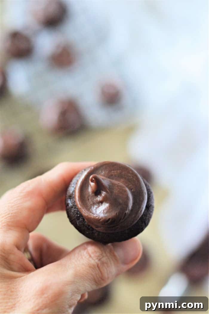 A single Mini Chocolate Cupcake, perfectly frosted with a swirl of chocolate buttercream, ready to be enjoyed.