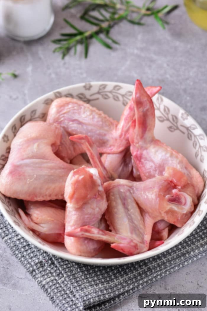 A bowl of raw chicken wings on a gray textured surface, garnished with fresh herbs in the background, prepped and ready for you to learn how to defrost chicken in the microwave efficiently.
