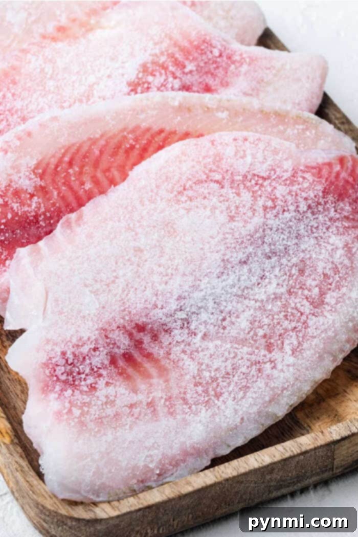 Crispy Air Fryer Frozen Tilapia 4 Close-up of frozen tilapia fillets ready for the air fryer, seasoned and with lemon slices.