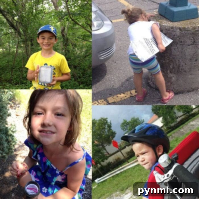 Children and adult finding a hidden geocache in nature