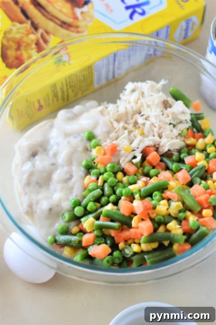 Chicken Pot Pie Shortcut 4 A close-up of Bisquick Chicken Pot Pie showing a generous filling of chicken and mixed vegetables, ready to be enjoyed.