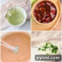 Perfect Dipping Sauces for Sausage Balls 6 Quad image showcasing four inviting sauces, perfect as a dip for sausage balls: Top left features a green herb sauce in a transparent container. Top right boasts chili sauce with sliced red chilies and onions in a wooden bowl. Bottom left is a light orange sauce being stirred, and the bottom right presents a creamy sauce garnished with chopped green onions.