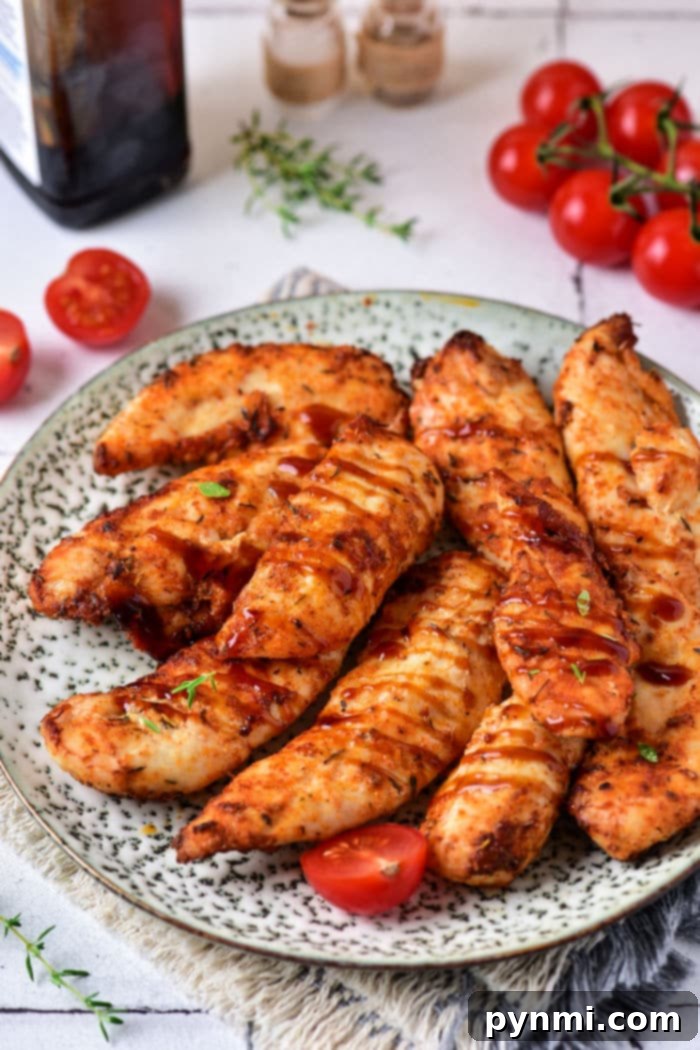 Crispy Air Fryer Frozen Chicken Tenderloins 6 Succulent chicken tenders with a tangy sauce are elegantly plated, garnished with fresh herbs and vibrant cherry tomatoes, effortlessly prepared from frozen chicken tenderloins in an air fryer for ultimate convenience and taste.