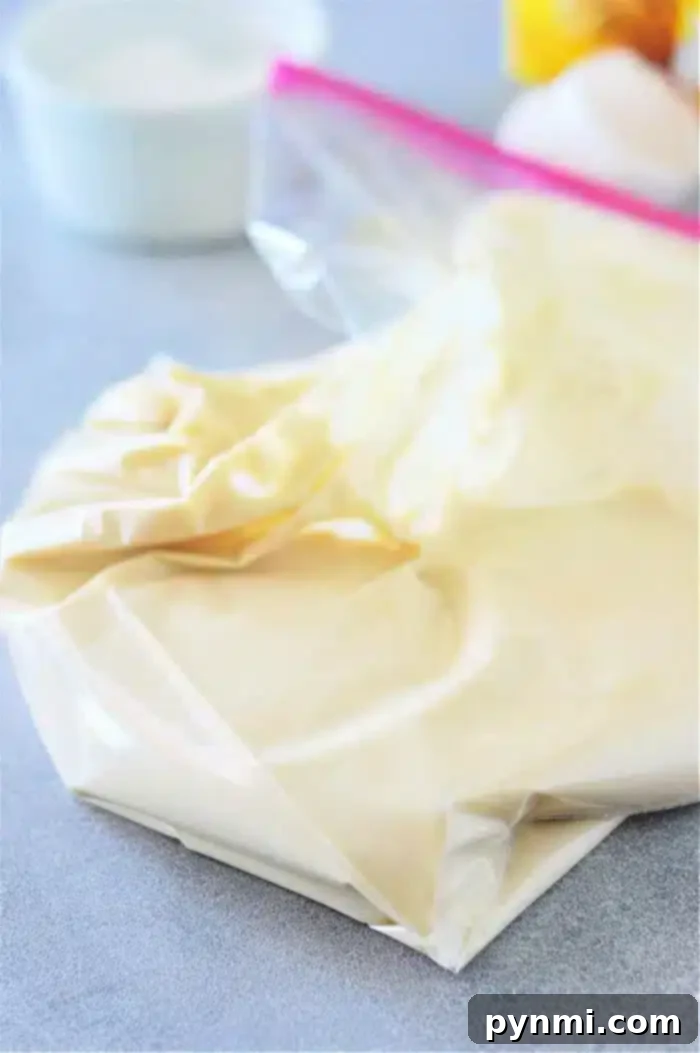 Bisquick Magic: 3-Ingredient Funnel Cakes 4 A clear plastic freezer bag filled with light yellow Bisquick batter rests on a gray surface, with one corner snipped, ready for frying into funnel cakes. Blurred kitchen items are in the background.