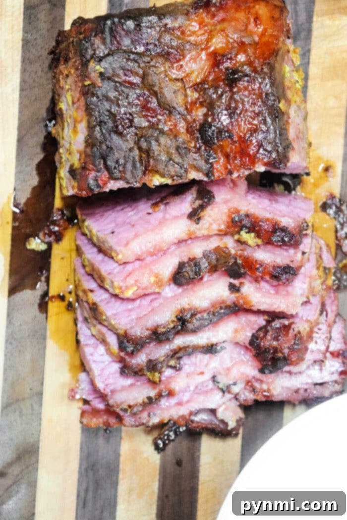 Air Fried Corned Beef Perfection 2 Corned Beef Air Fryer - Sliced corned beef with a crispy exterior, ready to serve.