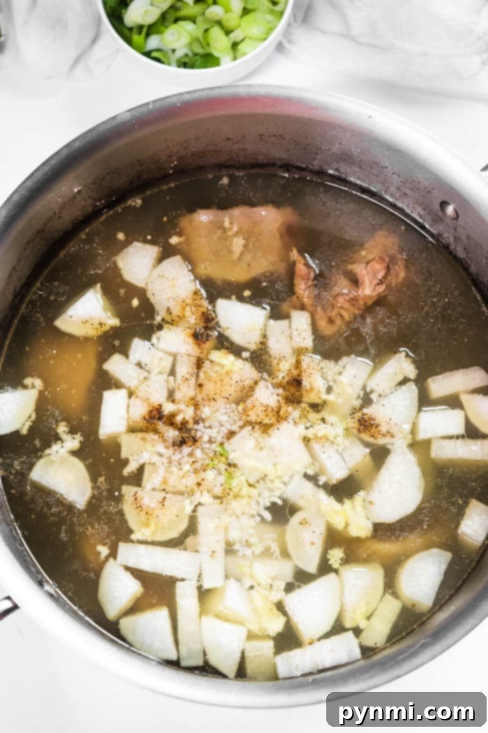 A pot of soup with chunks of onion and spices simmers warmly, evoking memories of learning how to cook oxtails. A bowl of chopped green onions waits patiently in the background, ready to add a fresh touch.
