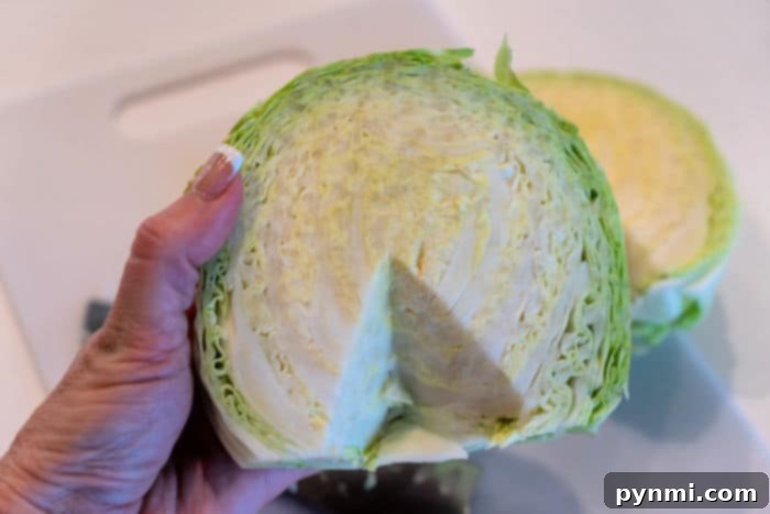 Crispy Air Fryer Cabbage 4 Before cooking, the stem is carefully cut out of a fresh head of cabbage, preparing it for slicing.