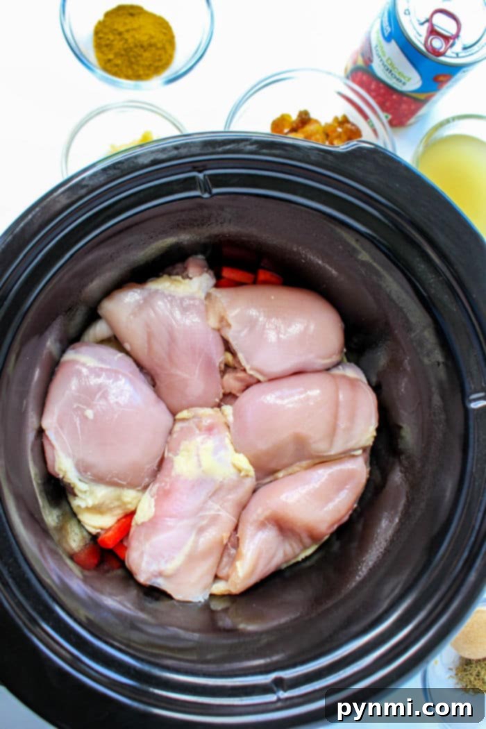 Slow Cooker Mexican Chicken Thighs simmering with tomatoes and spices.