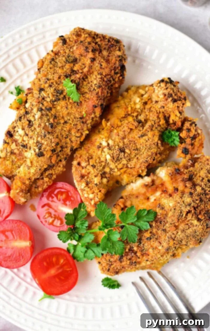A plate with three almond-crusted, breaded, and baked chicken tenders garnished with parsley. Sliced cherry tomatoes are placed on the side. A fork is partially visible at the bottom right of the plate.