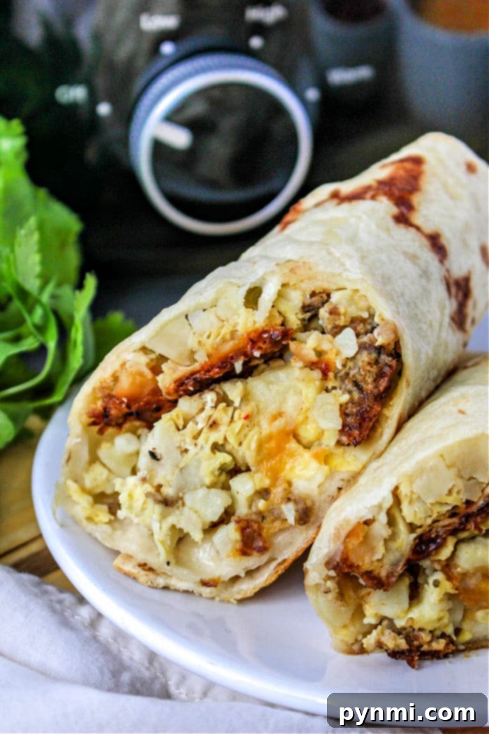 Effortless Slow Cooker Scramble 7 A delicious slow cooker breakfast burrito, showcasing the versatility of Crockpot scrambled eggs and other fillings, ready to be enjoyed.