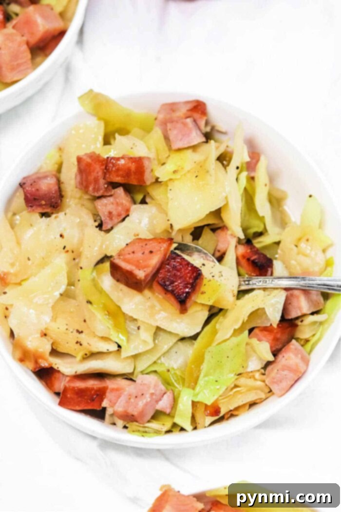 A large serving of slow cooker cabbage and ham in a bowl, garnished with fresh herbs, emphasizing its heartiness.