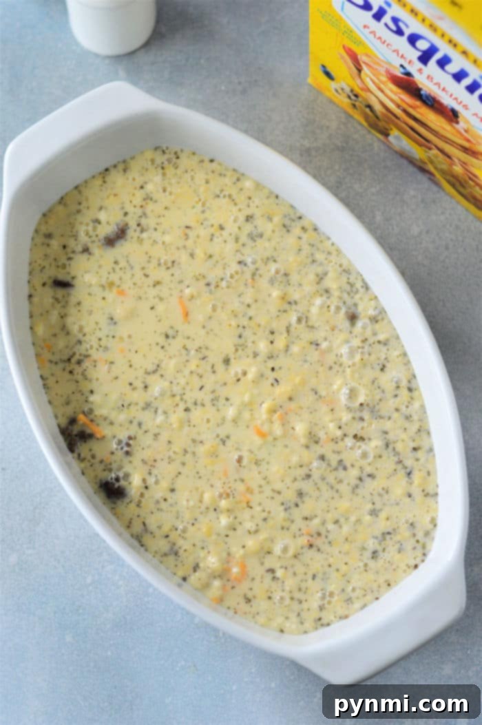 A dairy-free breakfast casserole, freshly baked and golden brown.