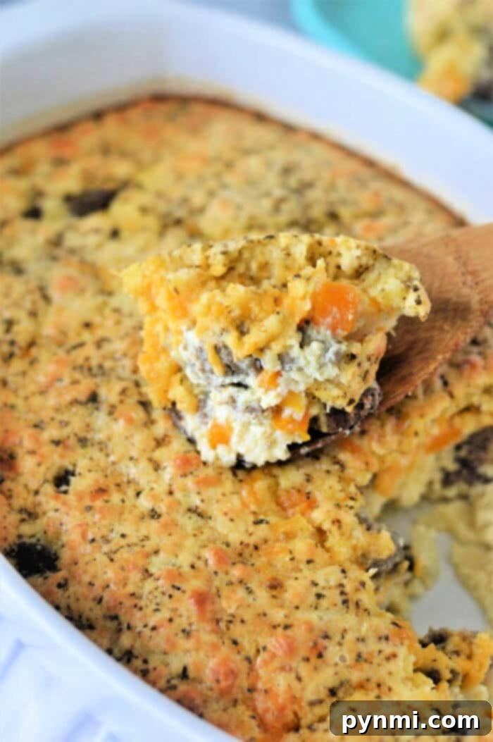 Golden brown Breakfast Casserole with Bisquick, ready to be served from the pan.