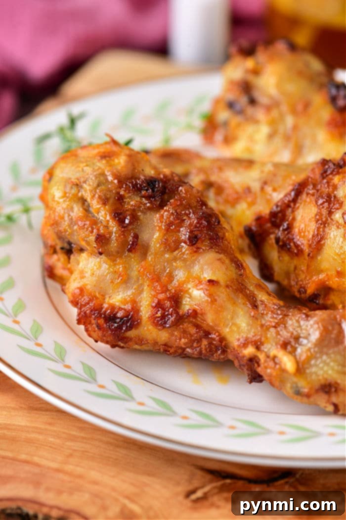 Close-up of a plate with crispy boiled chicken drumsticks garnished with herbs, a perfect follow-up after mastering how long to boil chicken legs for juicy tenderness.