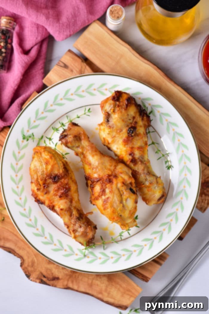 A plate of chicken drumsticks, perfectly timed after learning how long to boil chicken legs for tender flavor, is garnished with herbs. Set on a rustic wooden board against a pink cloth backdrop, it’s a feast for both the eyes and the palate.