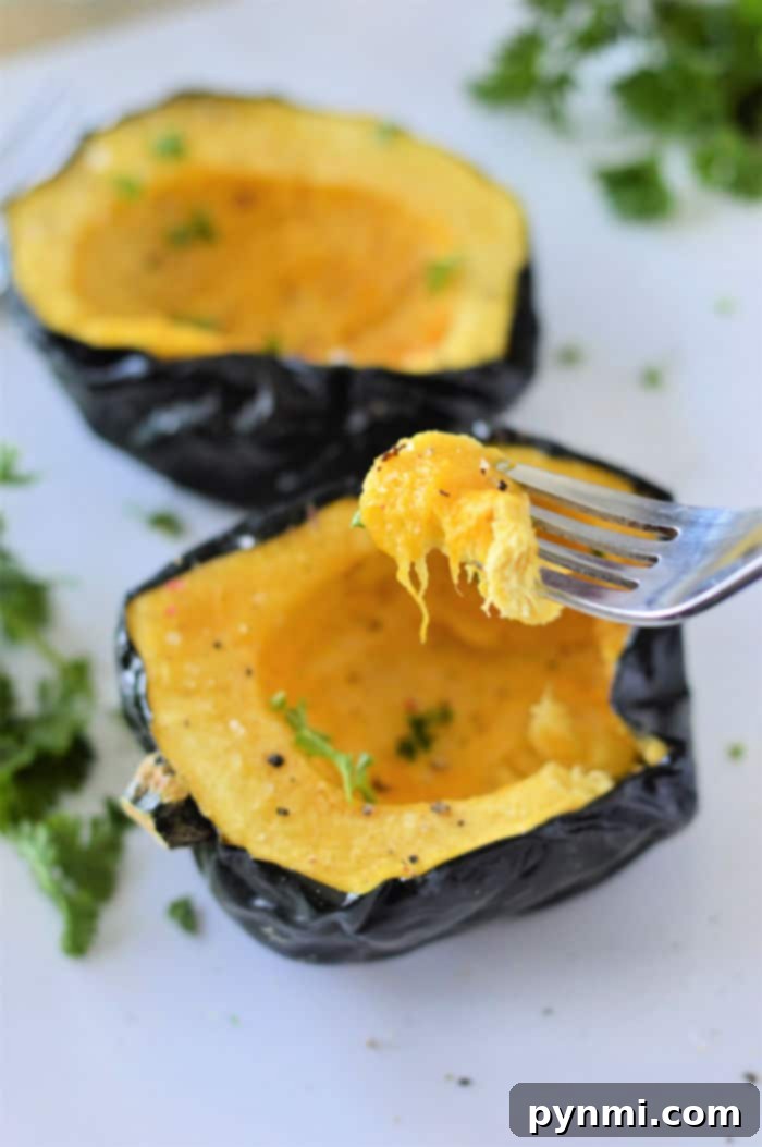 Speedy Microwave Acorn Squash 5 A beautifully cooked acorn squash half, ready to be served, illustrating how simple it is to cook acorn squash in the microwave for a delicious and healthy meal.