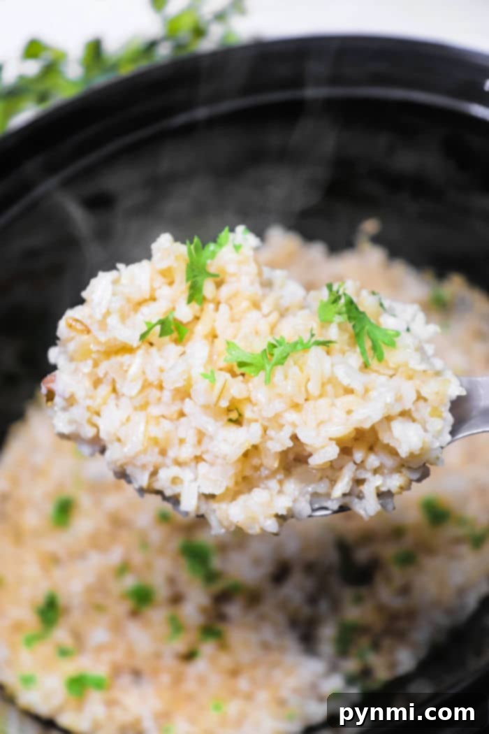 Effortless Slow Cooker Brown Rice Perfection 9 A serving of slow cooker brown rice in a small white bowl, ready to be enjoyed.