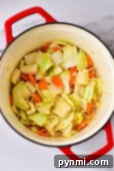 Comforting Cabbage Stew 6 A red pot brimming with the beginnings of a hearty cabbage stew recipe sits invitingly on a marble surface, filled with vibrant chopped cabbage, carrots, and onions.