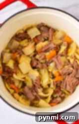 Comforting Cabbage Stew 7 A delightful cabbage stew recipe featuring a pot filled with tender corned beef, savory cabbage, and vibrant carrots.