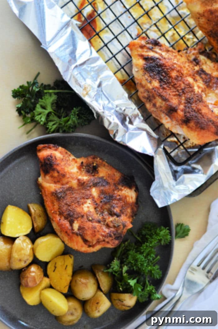 Baked chicken breast with roasted potatoes and parsley on a plate, next to more chicken on a foil-lined rack. Wondering how long to cook chicken breast in oven at 350? Its about 25-30 minutes for juicy perfection.