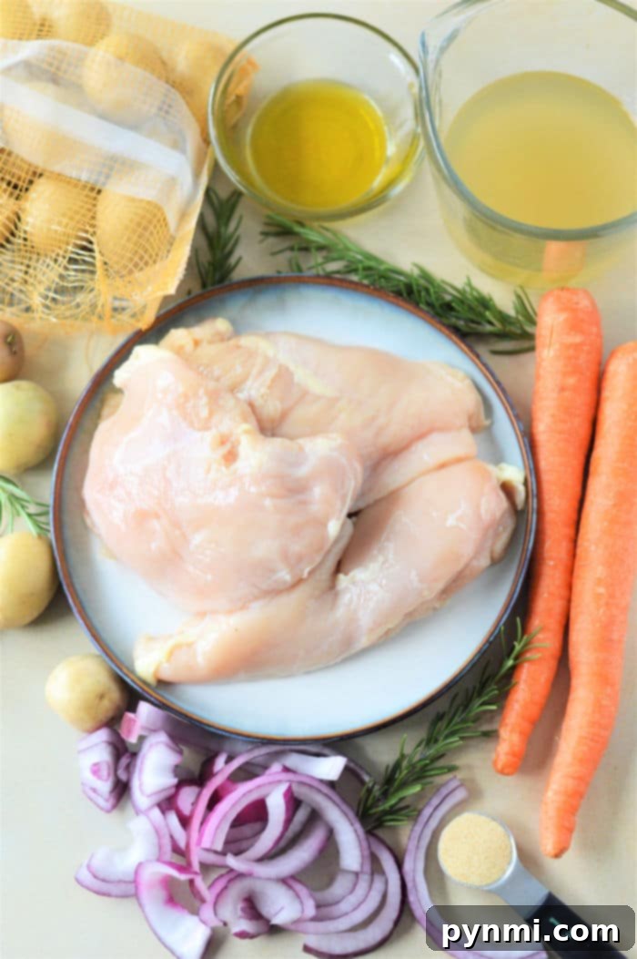 Perfectly Tender Dutch Oven Chicken Breasts 3 Dutch Oven filled with chicken breasts, potatoes, and carrots, ready for the oven