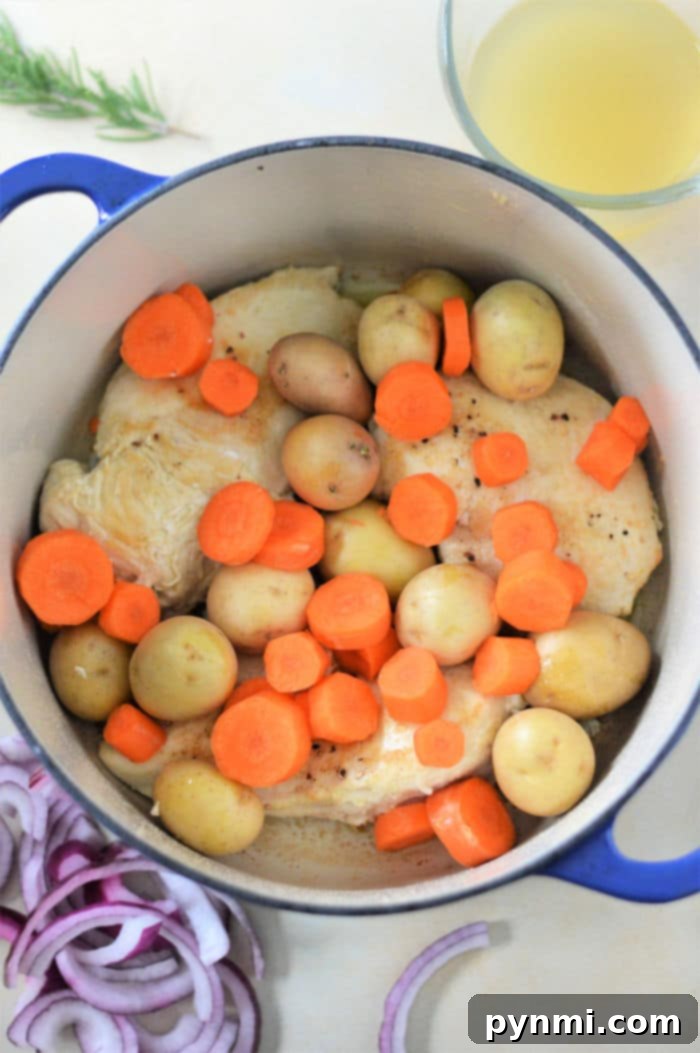 Perfectly Tender Dutch Oven Chicken Breasts 4 Close-up of tender Dutch Oven Chicken Breast, Potatoes, and Carrots, garnished with fresh herbs