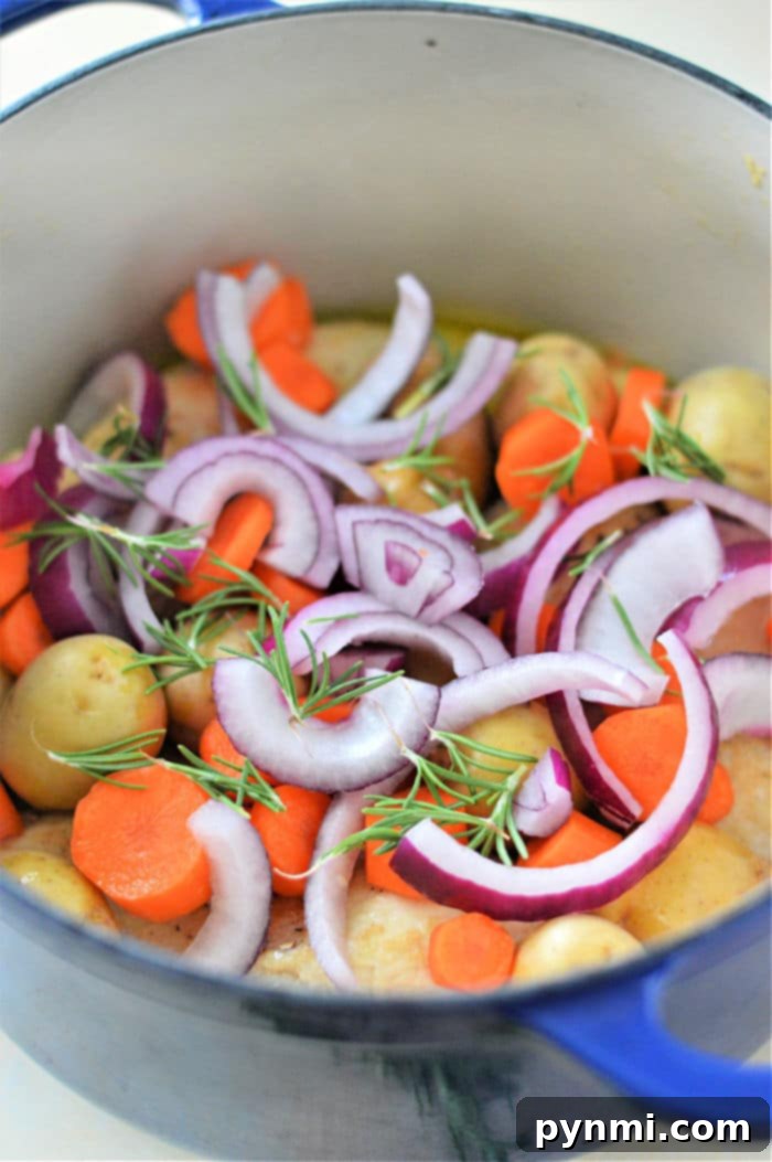 Perfectly Tender Dutch Oven Chicken Breasts 6 Golden-brown chicken breasts and vibrant vegetables simmering in a Dutch oven, fresh from the oven