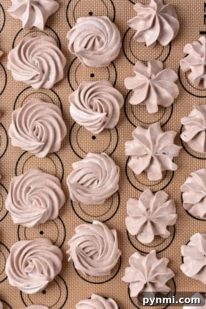 Decadent Chocolate Meringue Clouds 5 Rows of light brown chocolate meringue cookies are arranged on a baking mat with circular guides. The cookies are shaped in swirls and star patterns, boasting a smooth texture and slightly glossy appearance.