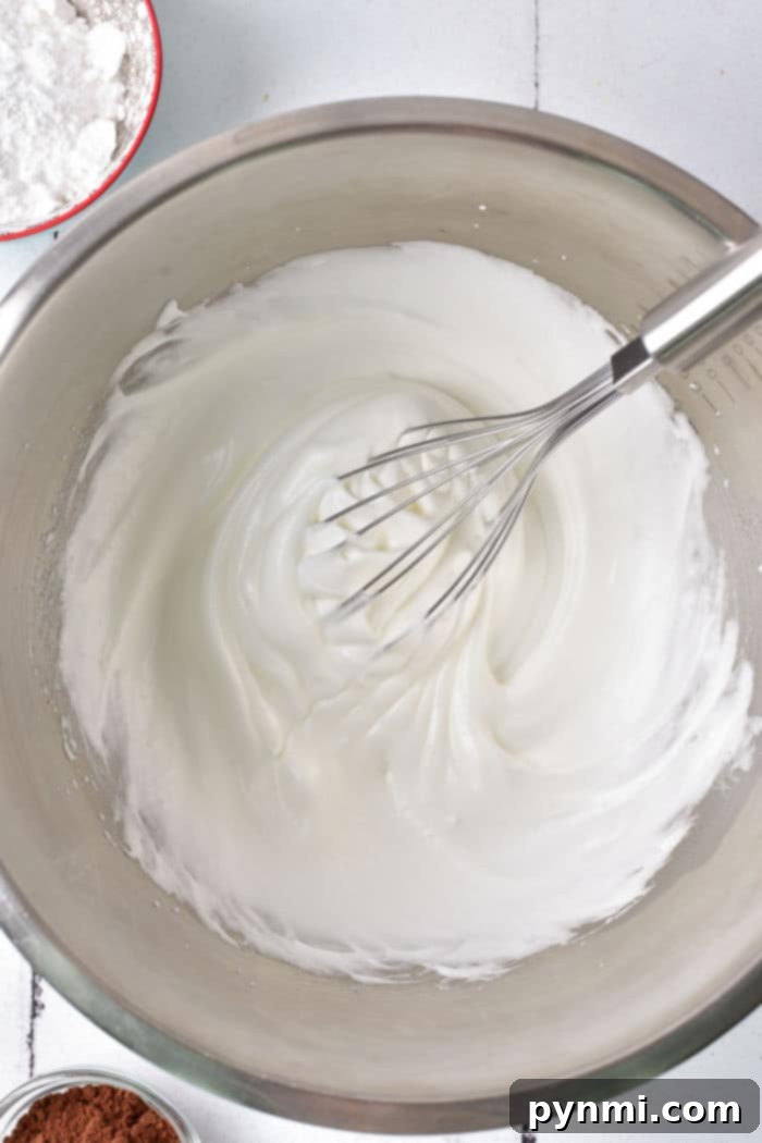 Whisk gently stirring fluffy, whipped egg whites in a mixing bowl, symbolizing the start of a perfect meringue.