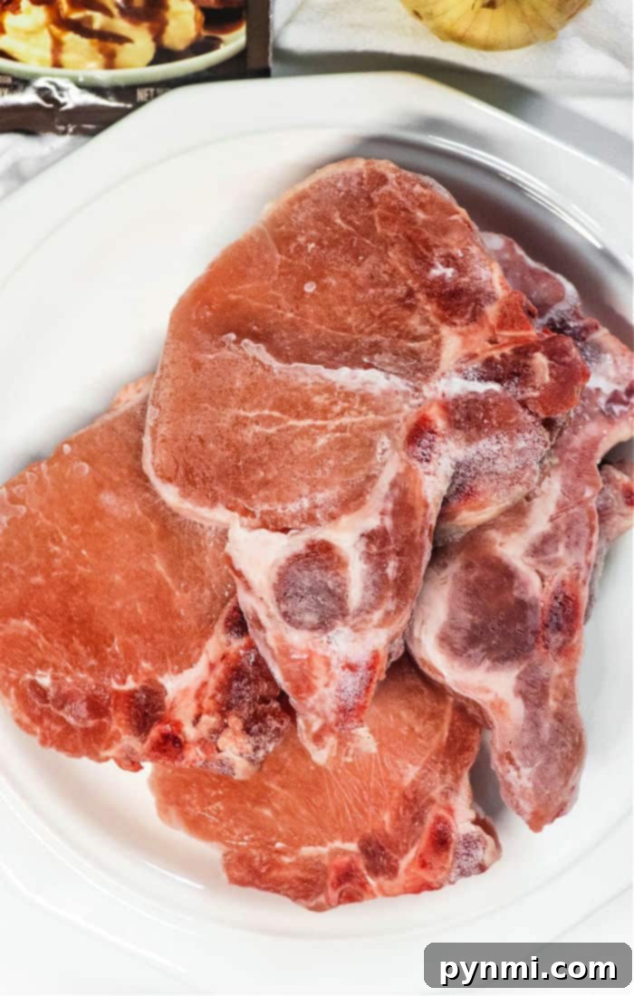 Tender Frozen Pork Chops Cooking in a Slow Cooker with Onions and Gravy