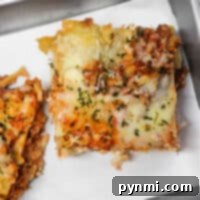 A steaming piece of lasagna topped with melted cheese and herbs rests on a metal tray, ready to delight your taste buds. Perfectly reheated in the oven, this classic dish offers a delectable experience.