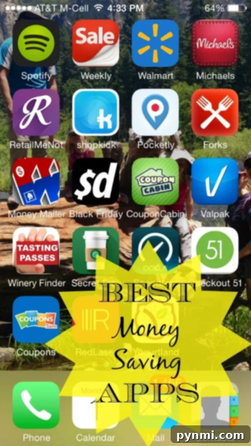 Collection of popular money saving apps on a smartphone screen, depicting various icons for budgeting, cashback, and coupons.