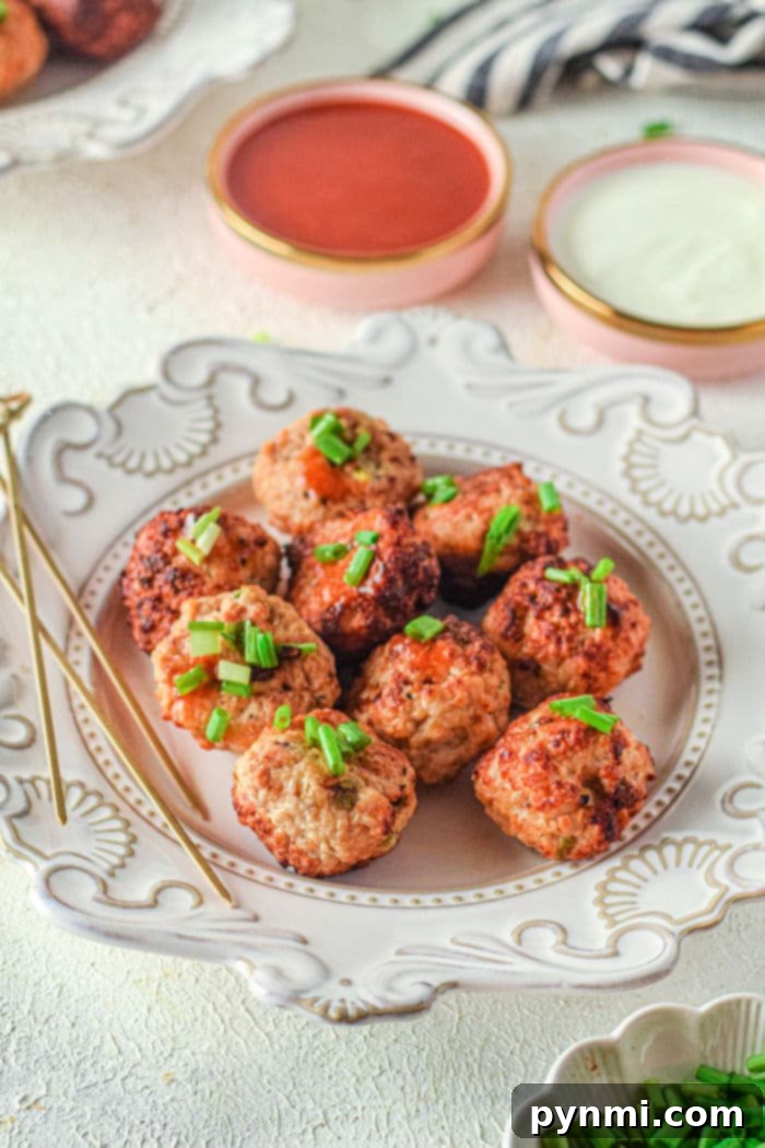 Crispy Air-Fried Chicken Meatballs 9 Close-up of crispy Air Fryer Chicken Meatballs with a slight golden hue.