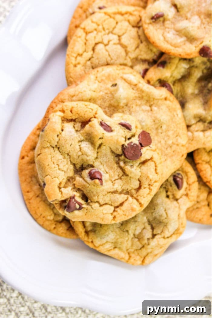 A stack of perfectly baked dairy-free chocolate chip cookies on a cooling rack, showcasing their golden edges and gooey centers, made without butter.