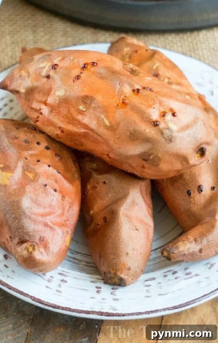 The Perfect Bake Time for Sweet Potatoes at 400 Degrees 6 How Long to Bake a Sweet Potato at 350 - Three baked sweet potatoes on a white surface, one cut open to show its texture.