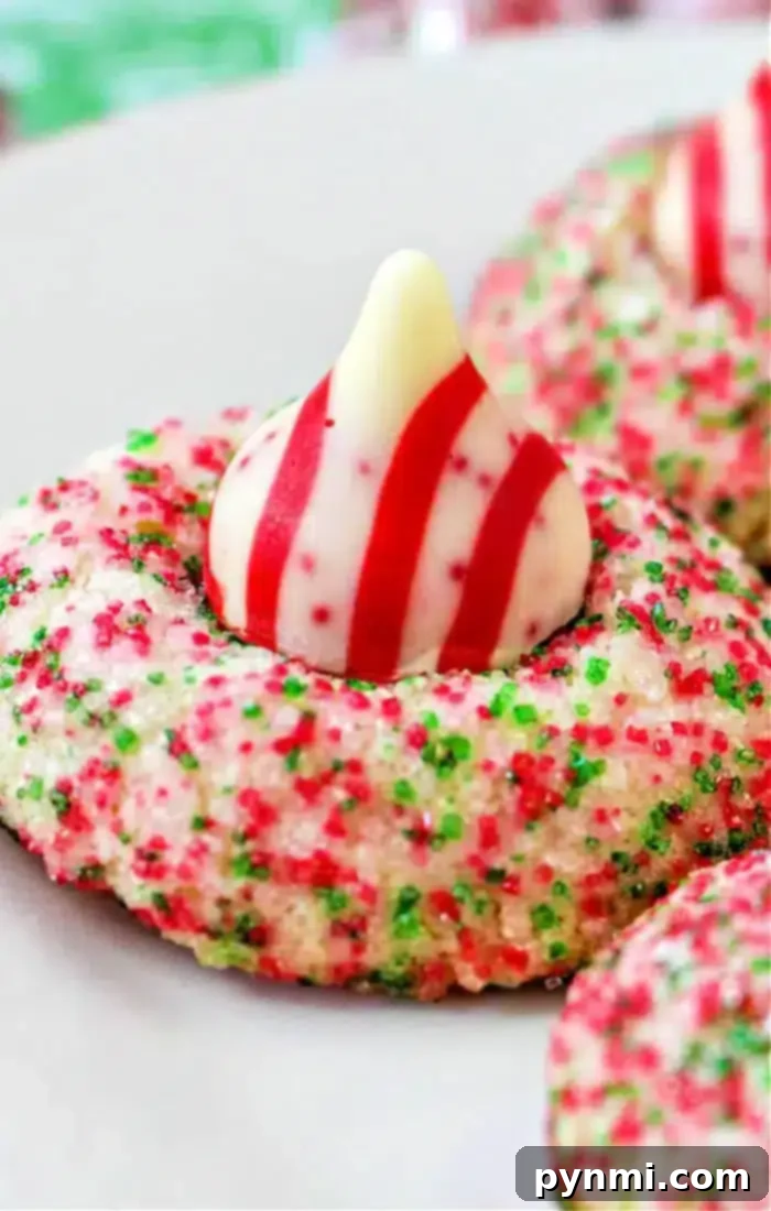 Blooming Bites 2 A festive Christmas cookie, generously covered in vibrant red and green sugar sprinkles, features a charming red and white striped Hershey Kiss perched on top, shaped like a sweet drop. This elegant holiday treat rests gracefully on a pristine white plate, embodying the spirit of Christmas.