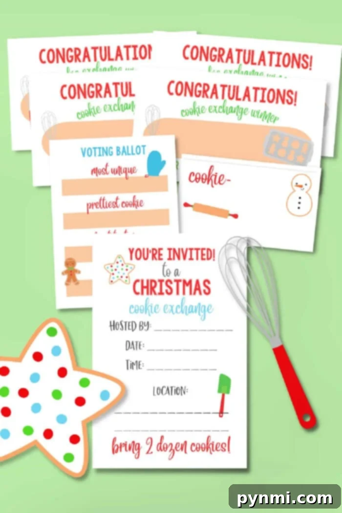 Festive Cookie Swap Printables Kit 2 Festive Christmas Cookie Exchange spread with various holiday cookies, ready for swapping and tasting.