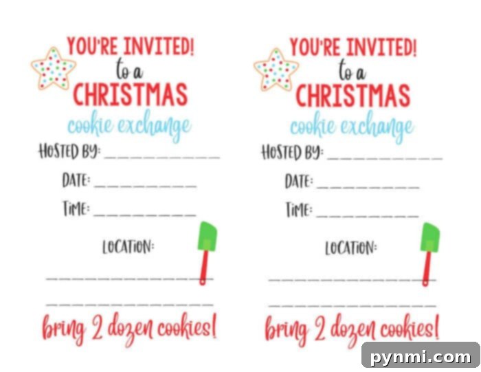 Festive Cookie Swap Printables Kit 3 Printable Christmas Cookie Exchange invitation template with fields for host, date, time, and location, featuring a charming holiday design.