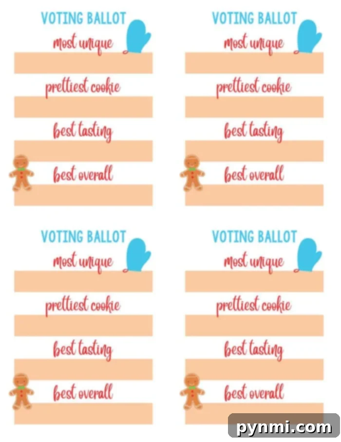 Festive Cookie Swap Printables Kit 5 Free printable voting ballots for a Christmas cookie competition, featuring categories like 'most unique,' 'prettiest cookie,' 'best tasting,' and 'best overall.'