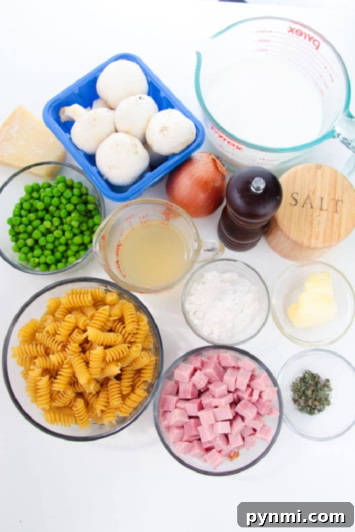 Ingredients for a delightful pasta dish include rotini, peas, turkey, and mushrooms combined with onion and cheese. A luscious mixture of cream, broth, flour, and butter brings it together. This twist on a classic tetrazzini recipe is perfectly seasoned for a comforting dinner treat.
