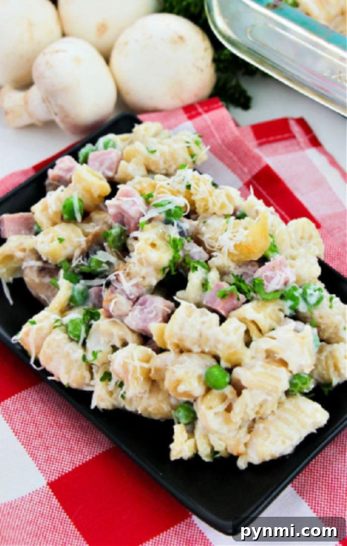 A delightful creamy pasta salad with leftover turkey, peas, and cheese sits on a checkered tablecloth, reminiscent of a classic tetrazzini recipe. Mushrooms add a touch of earthy elegance in the background.