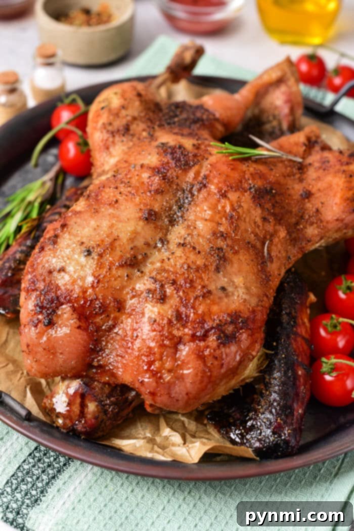 A perfectly cooked whole duck, golden brown and crispy, resting on a serving platter, showcasing the success of the frozen duck cooking method.