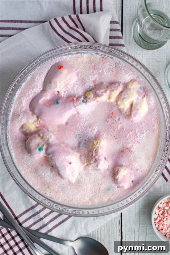 Pink Delight Punch 2 A vibrant bowl of Pink Punch, garnished with fresh berries and mint, perfect for a baby shower or Christmas party.