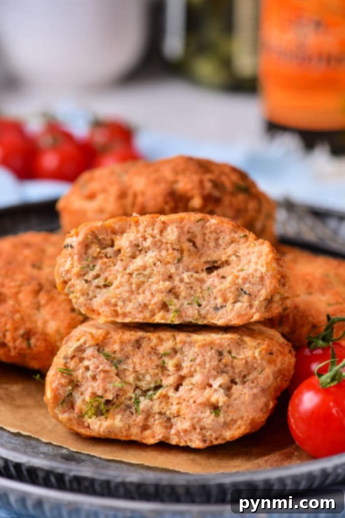 Crispy Air-Fried Salmon Cakes 2 Crispy Old Fashioned Salmon Patties cooked in an air fryer, golden brown and ready to serve.