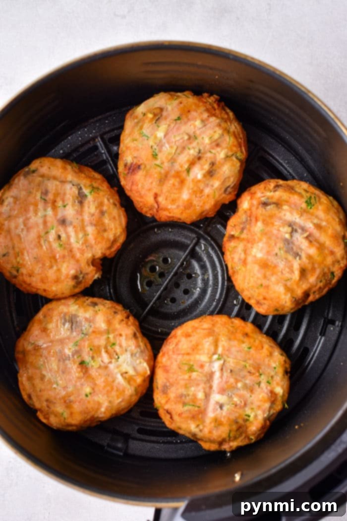 Crispy Air-Fried Salmon Cakes 6 Two perfectly cooked Ninja Foodi Salmon Patties, crispy and golden, served on a plate.