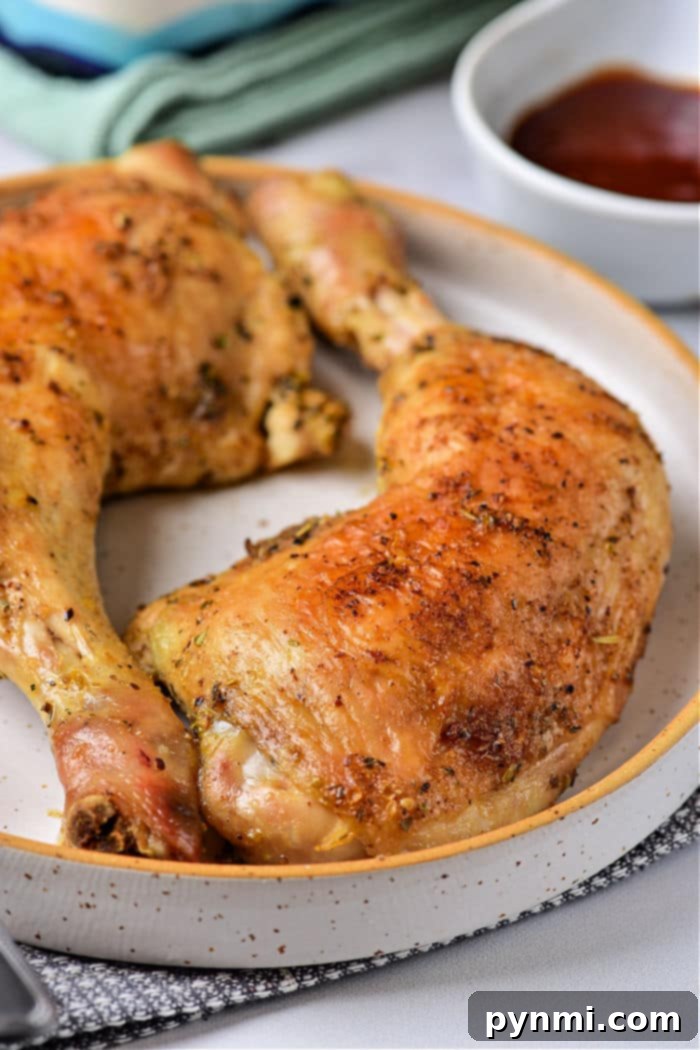A rustic cutting board with two baked chicken leg quarters, perfectly golden and ready to be carved.